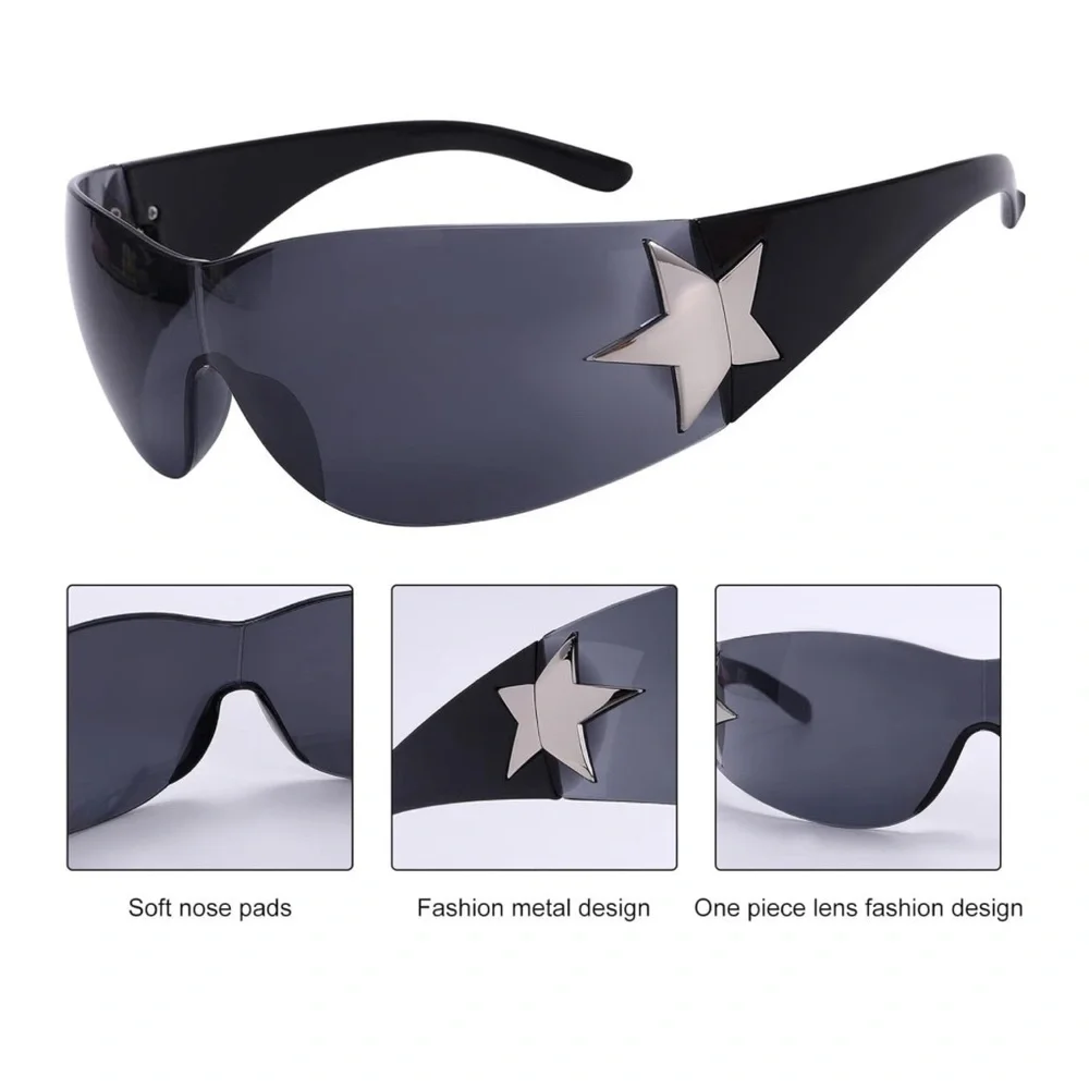 Rimless Y2K Sunglasses for Women Men,Trendy Shield Wrap Around Oversized Glasses